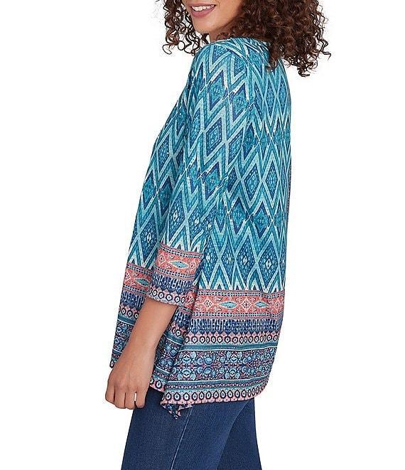 Ruby Rd. Knit Mix Pattern Embellished Scoop Neck 3/4 Sleeve Shark-Bite Hem Top Product Image