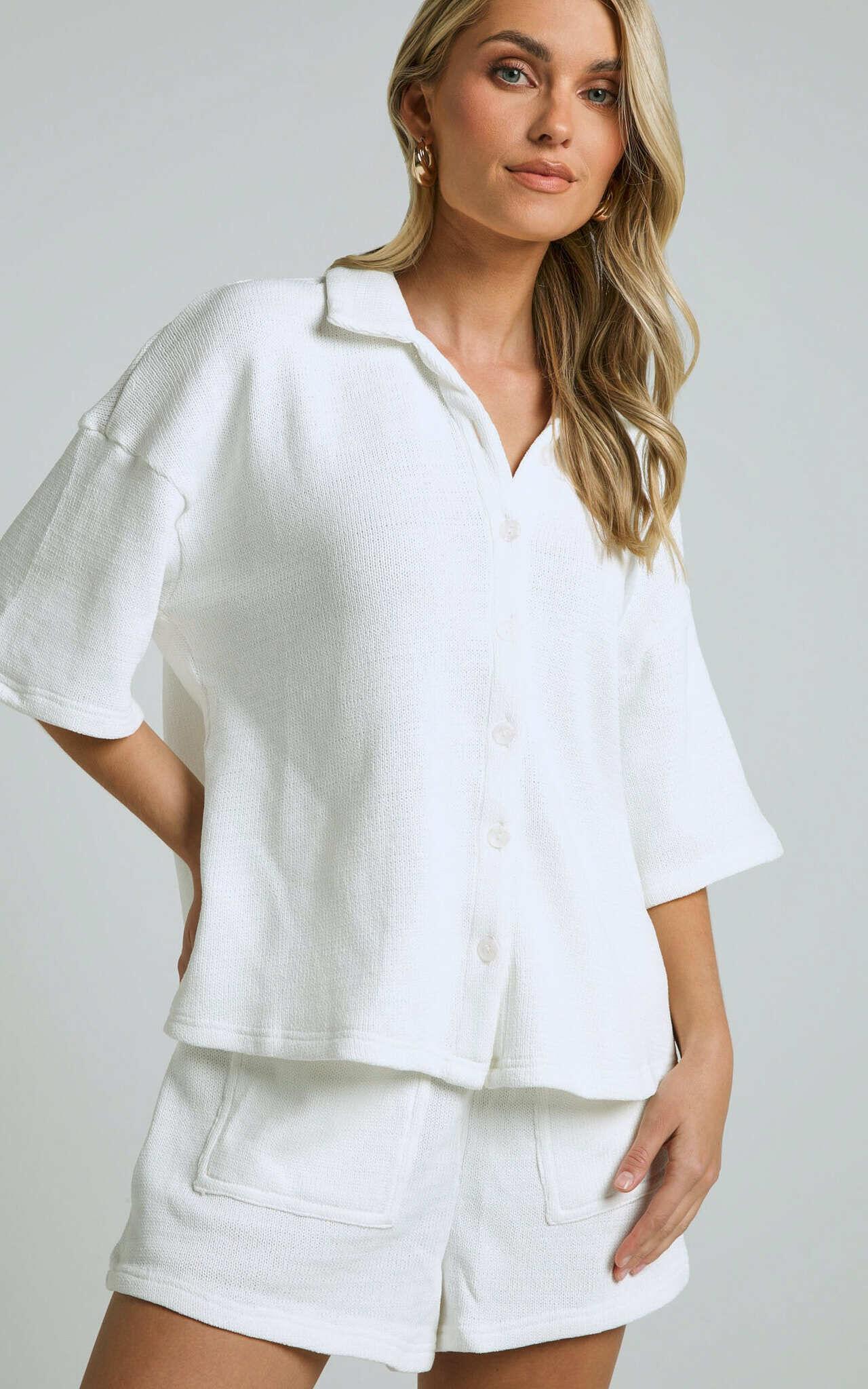 Kahlani Two Piece Set - Collared Short Sleeve and High Waisted Shorts in White Product Image