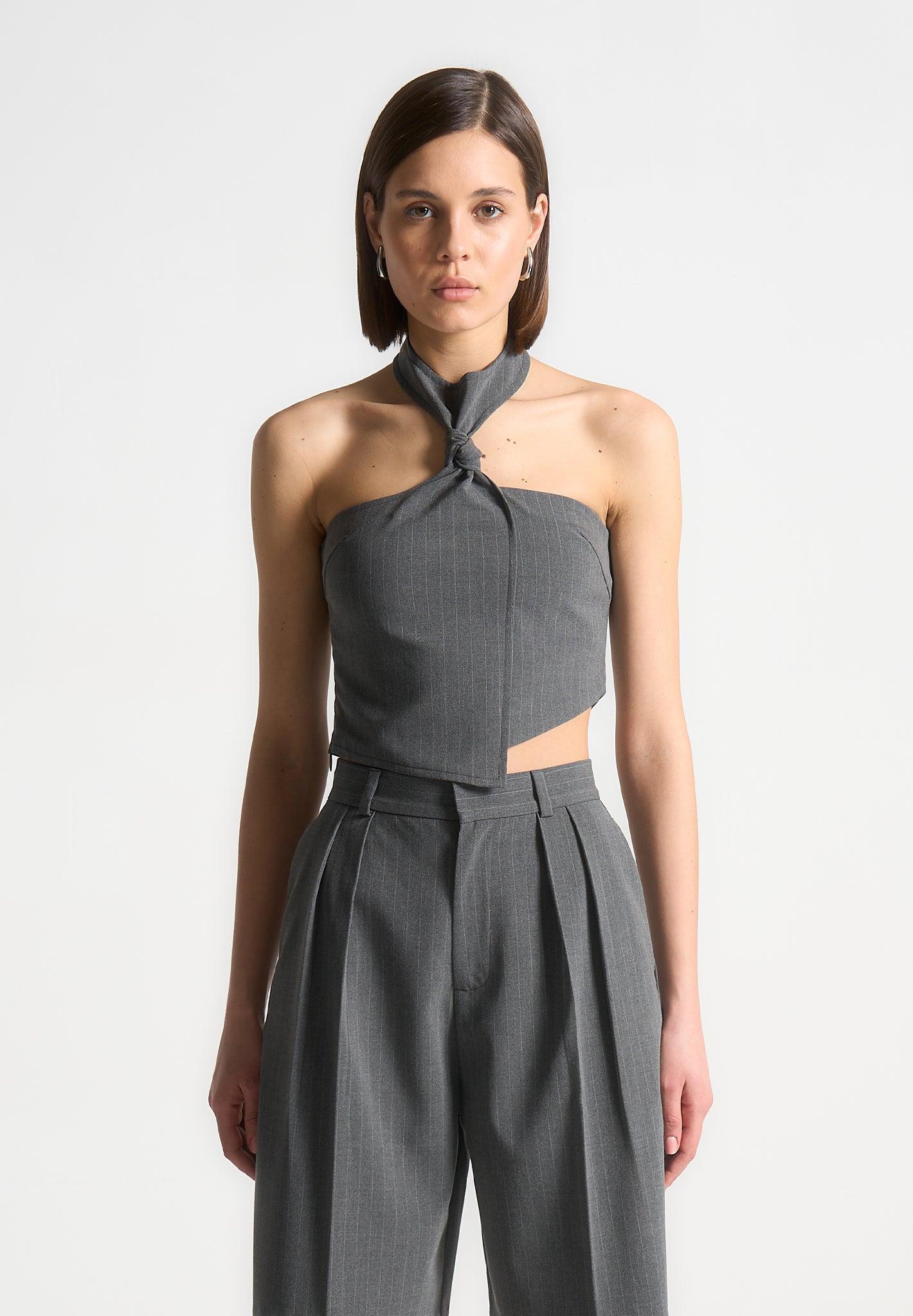 Pinstripe Tie Knot Halter Top - Grey Female Product Image