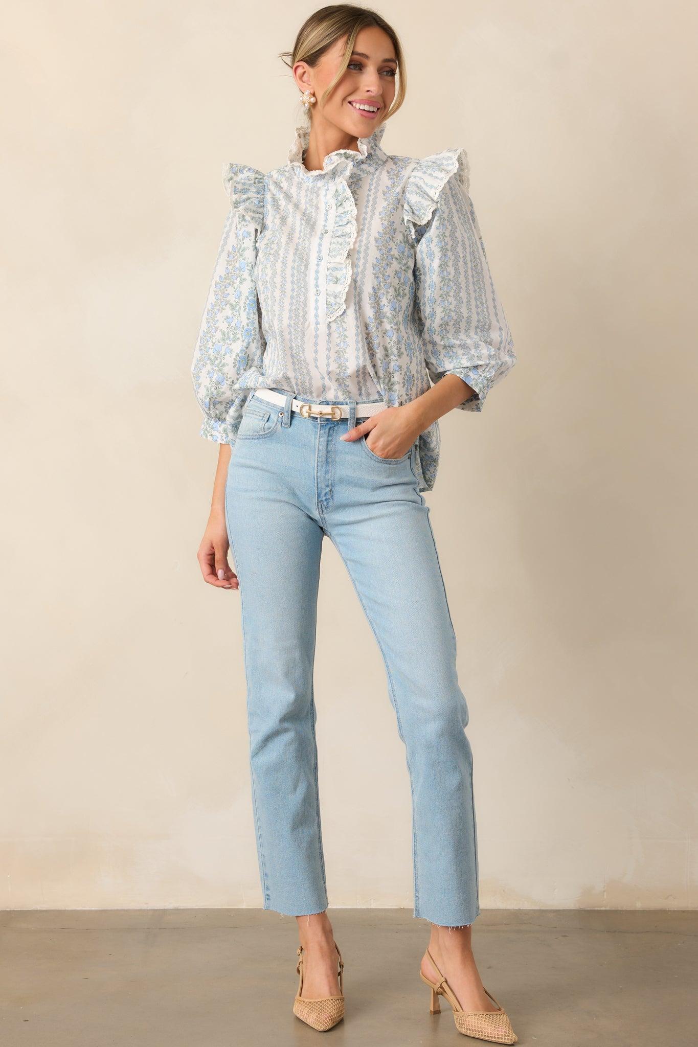 Hummingbird’s Haven Cotton Blue Flutter Sleeve Blouse Product Image