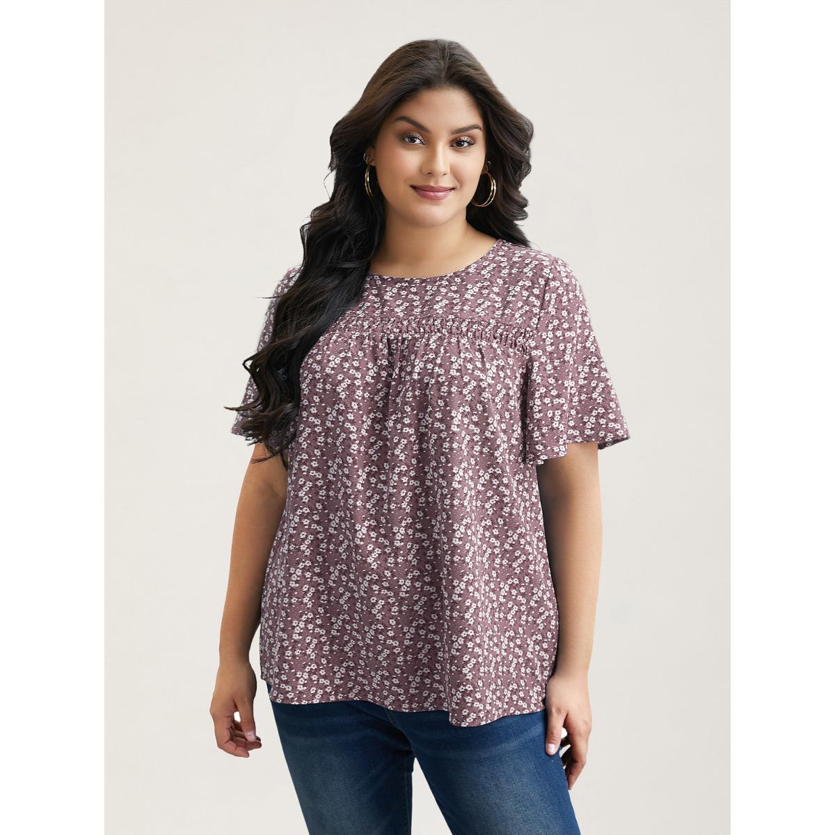 Plus Size Aegean Floral Ruffle Sleeve Gathered Round Neck Blouse Women Leisure Short sleeve Round Neck Casual Blouses BloomChic 10/M Product Image