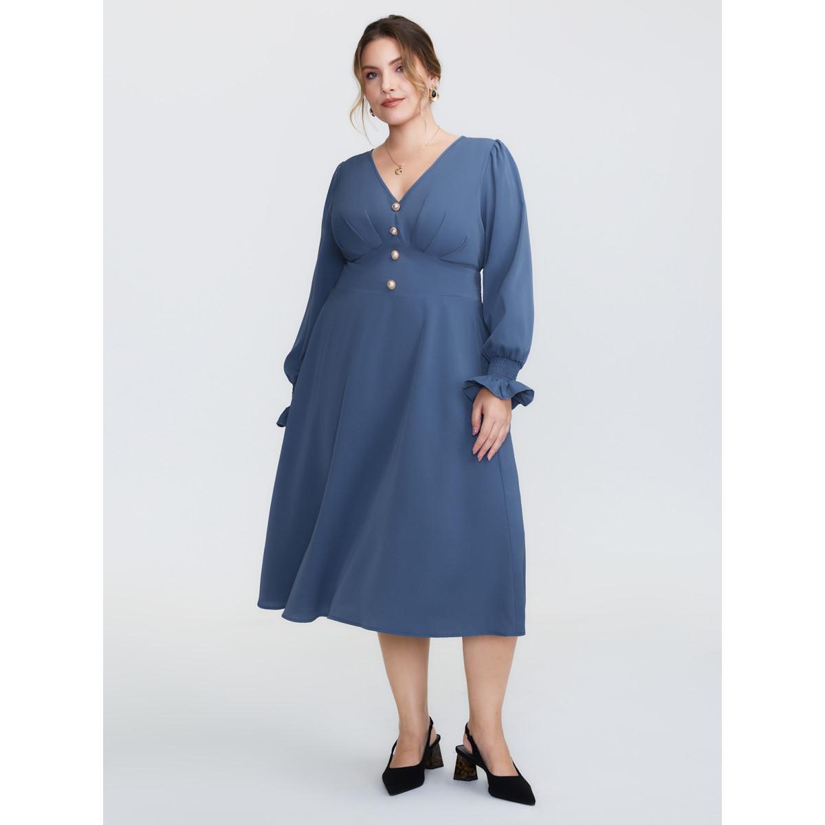 Plus Size Pearl Metal Trim Buttons Shirred Midi Dress Stone Women Timeless Gathered V-neck Long Sleeve Curvy BloomChic 28/5X Product Image