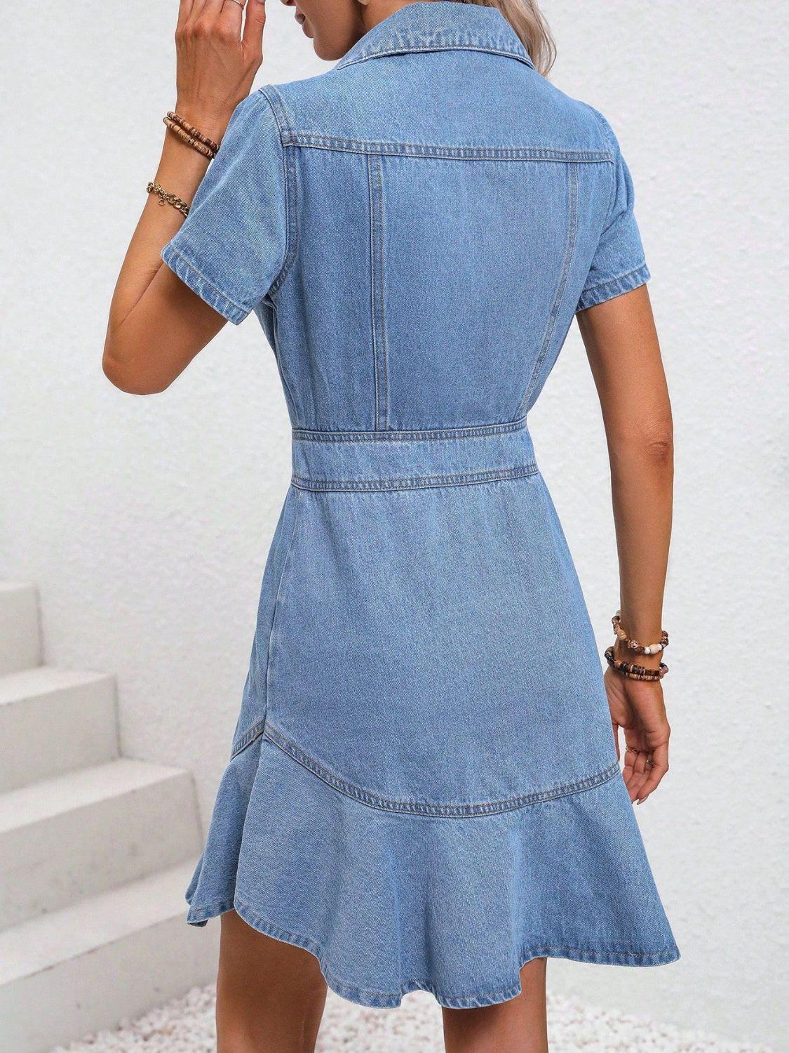 Short Sleeve Button Down Denim Dress Product Image