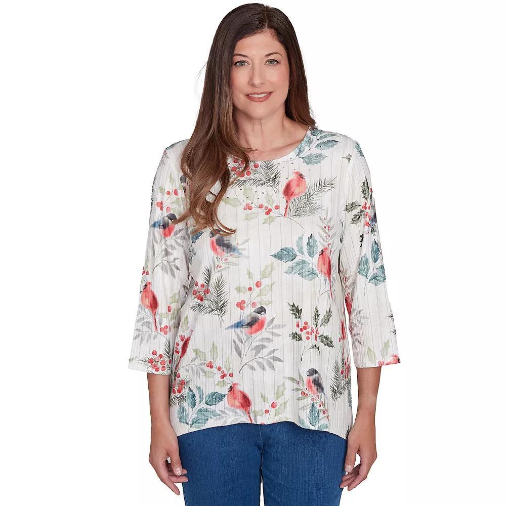 Women's Alfred Dunner Birds & Holly Leaf Top, Size: Large, Oatmeal Product Image