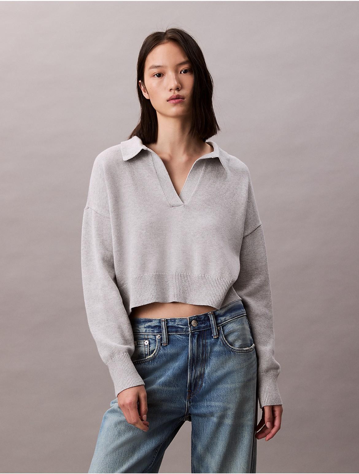 Calvin Klein Womens Smooth Cotton Cropped Polo Sweater - Grey Product Image