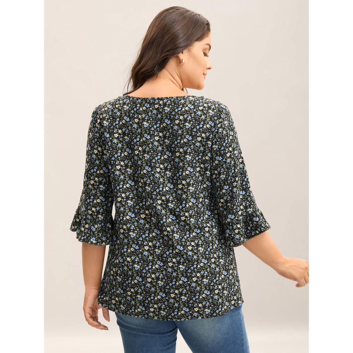 Plus Size Multicolor Ditsy Floral Print Frill Trim Blouse Women Timeless Elbow-length sleeve V-neck Elegant Blouses BloomChic 22-24/3X Product Image