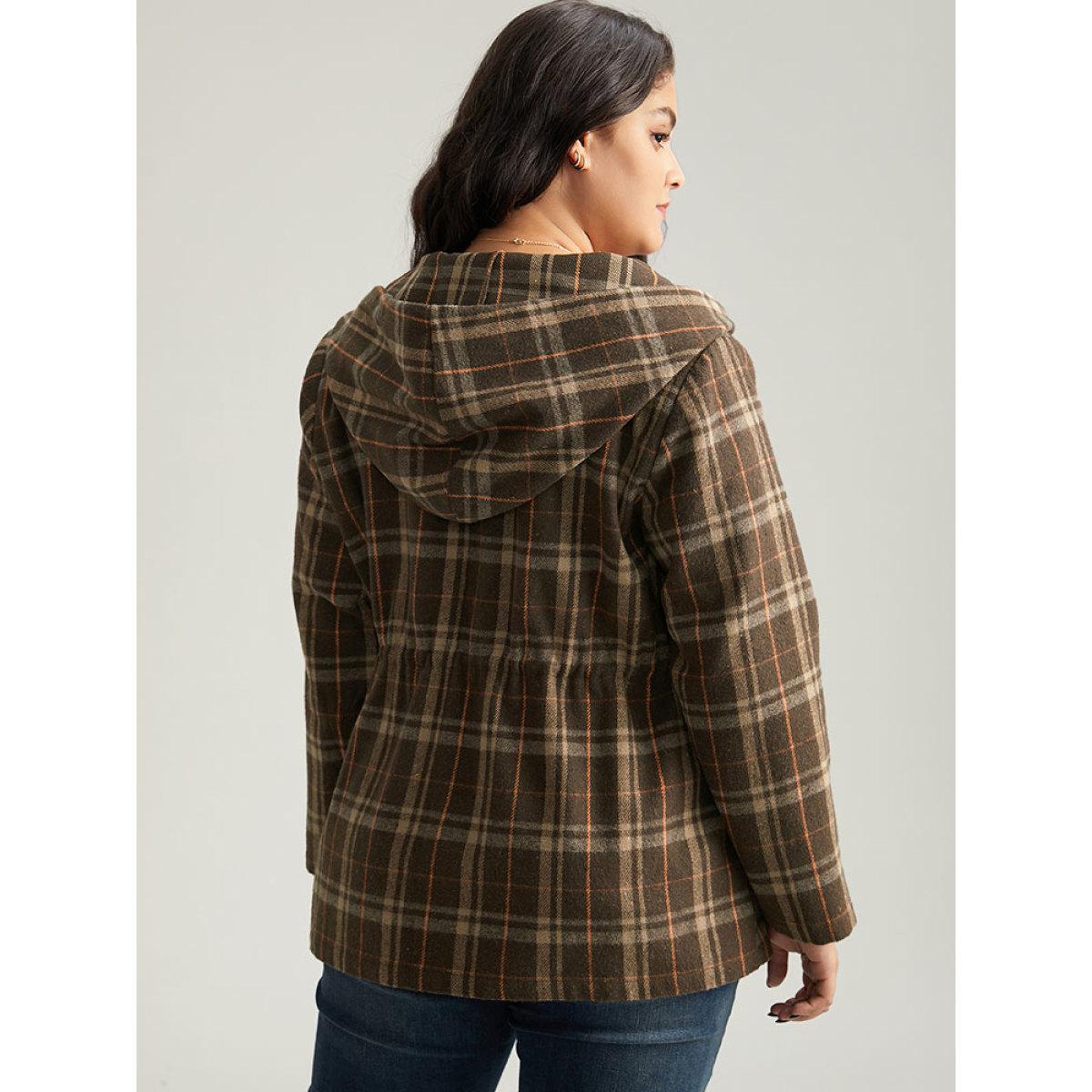 Plus Size Plaid Drawstring Slant Pocket Coat Women DarkBrown Casual Contrast Ladies Dailywear Winter Coats BloomChic 18-20/2X Product Image