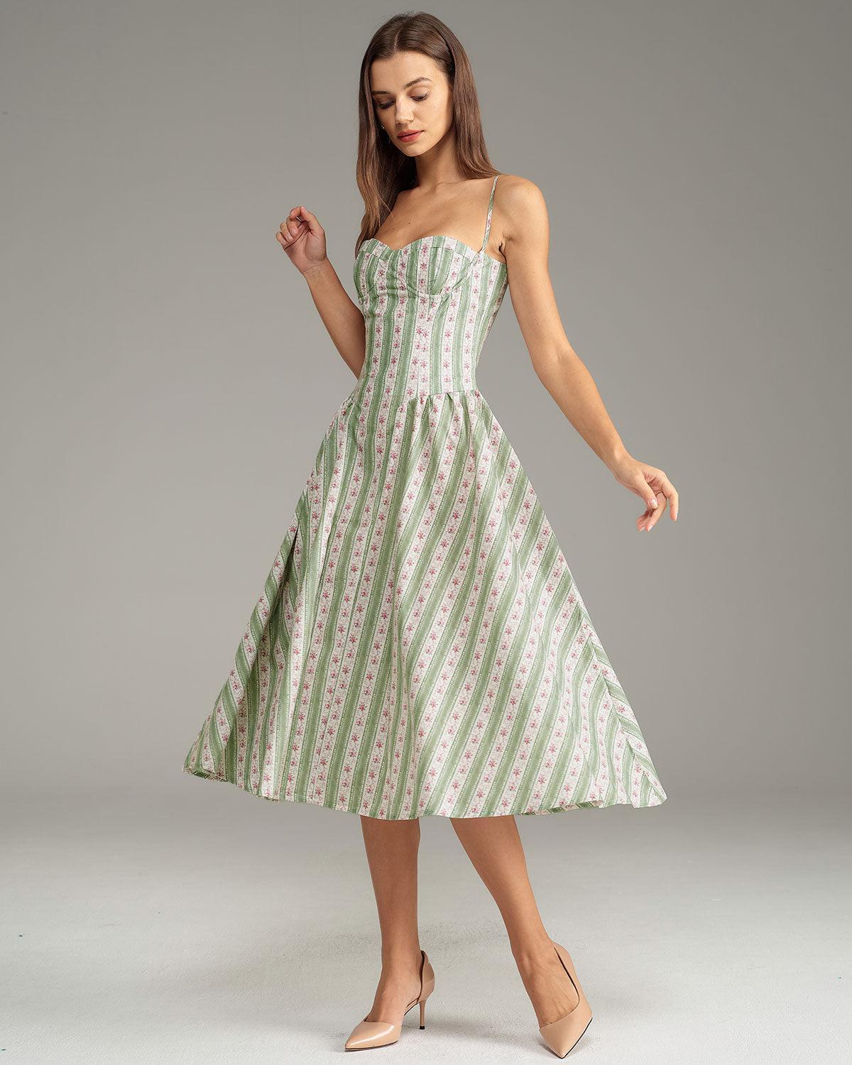 Green Striped Slip Midi Dress Product Image