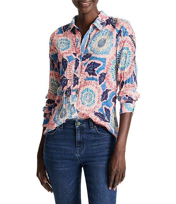 NIC + ZOE Crinkle Scribble Bloom Button Down Collar Long Sleeve Shirt Product Image