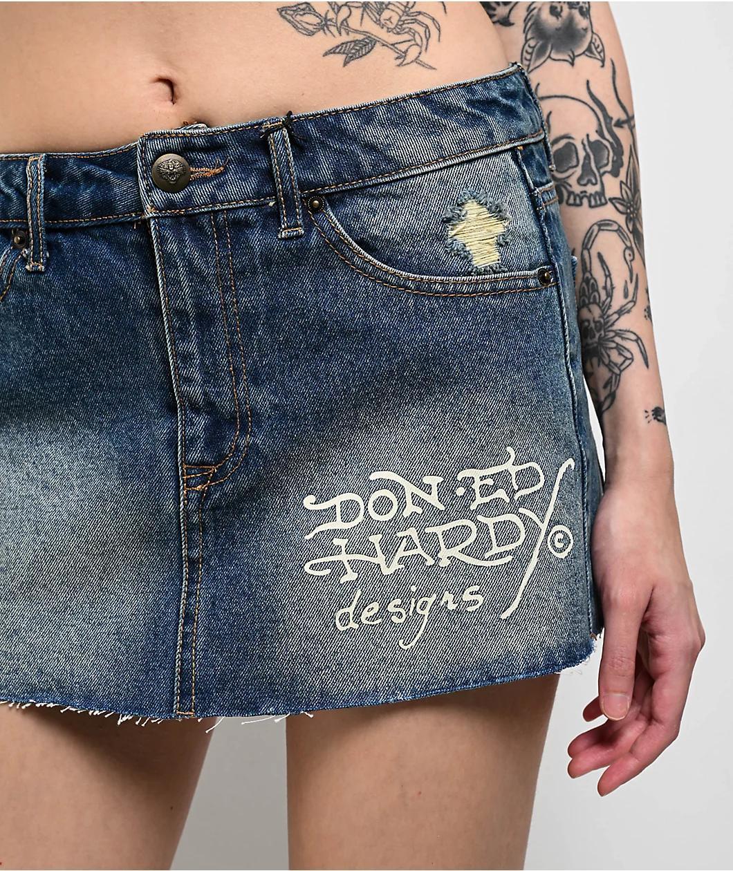 Ed Hardy Panther Dagger Dark Blue Cutoff Denim Mini Skirt Product Image