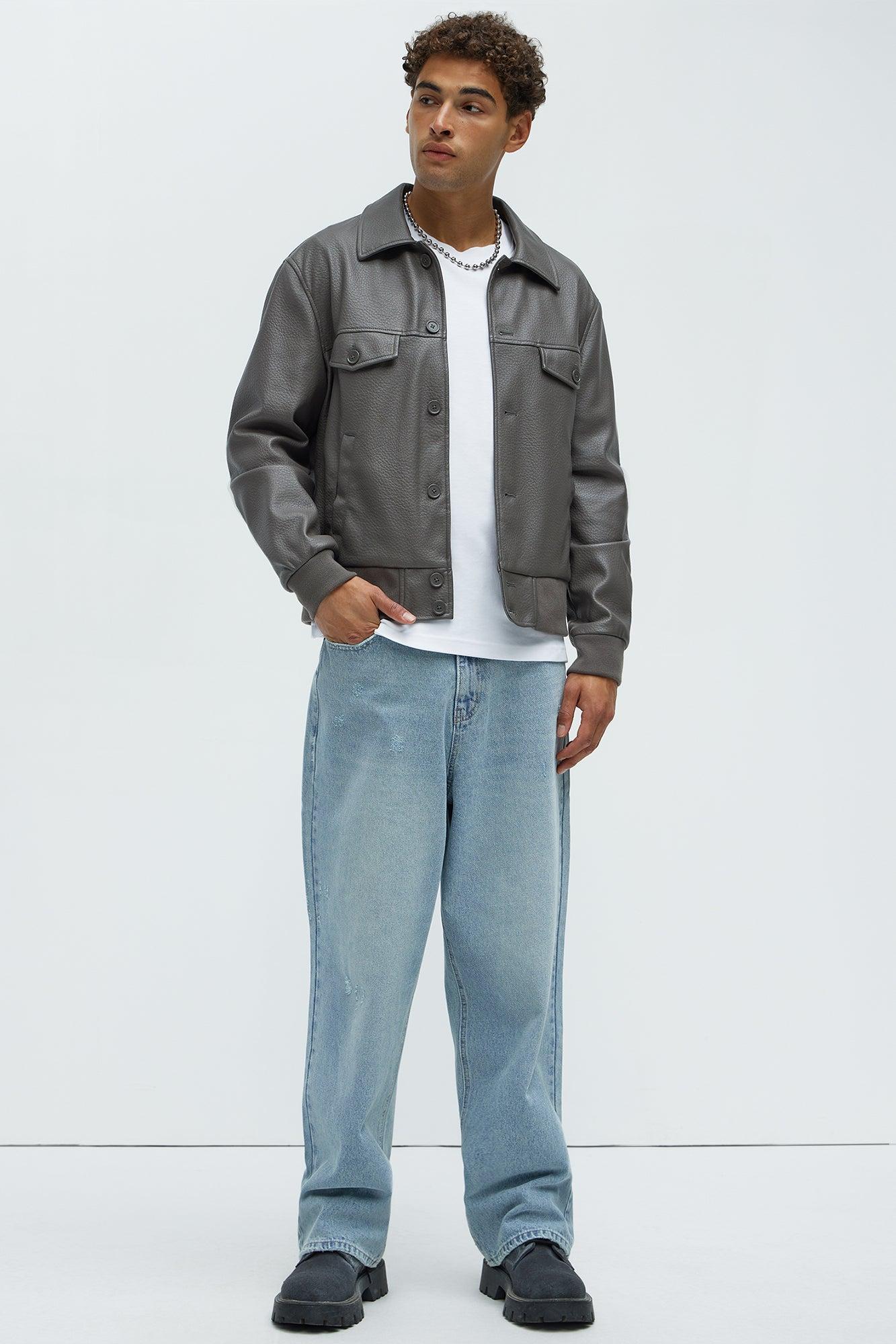 Carver Faux Leather Collar Bomber Jacket - Grey Product Image