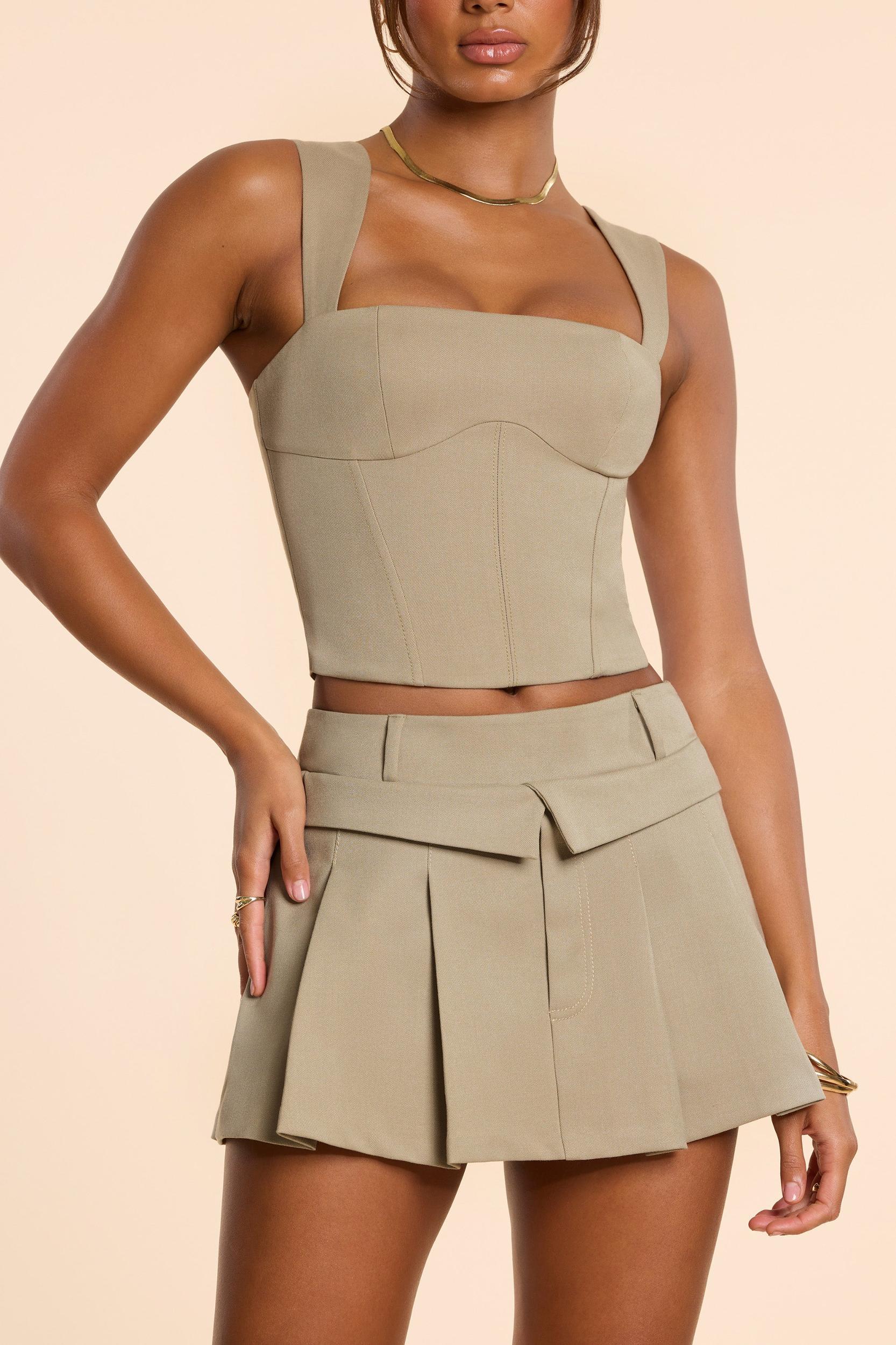 Brushed Twill Square Neck Tailored Top in Taupe Product Image