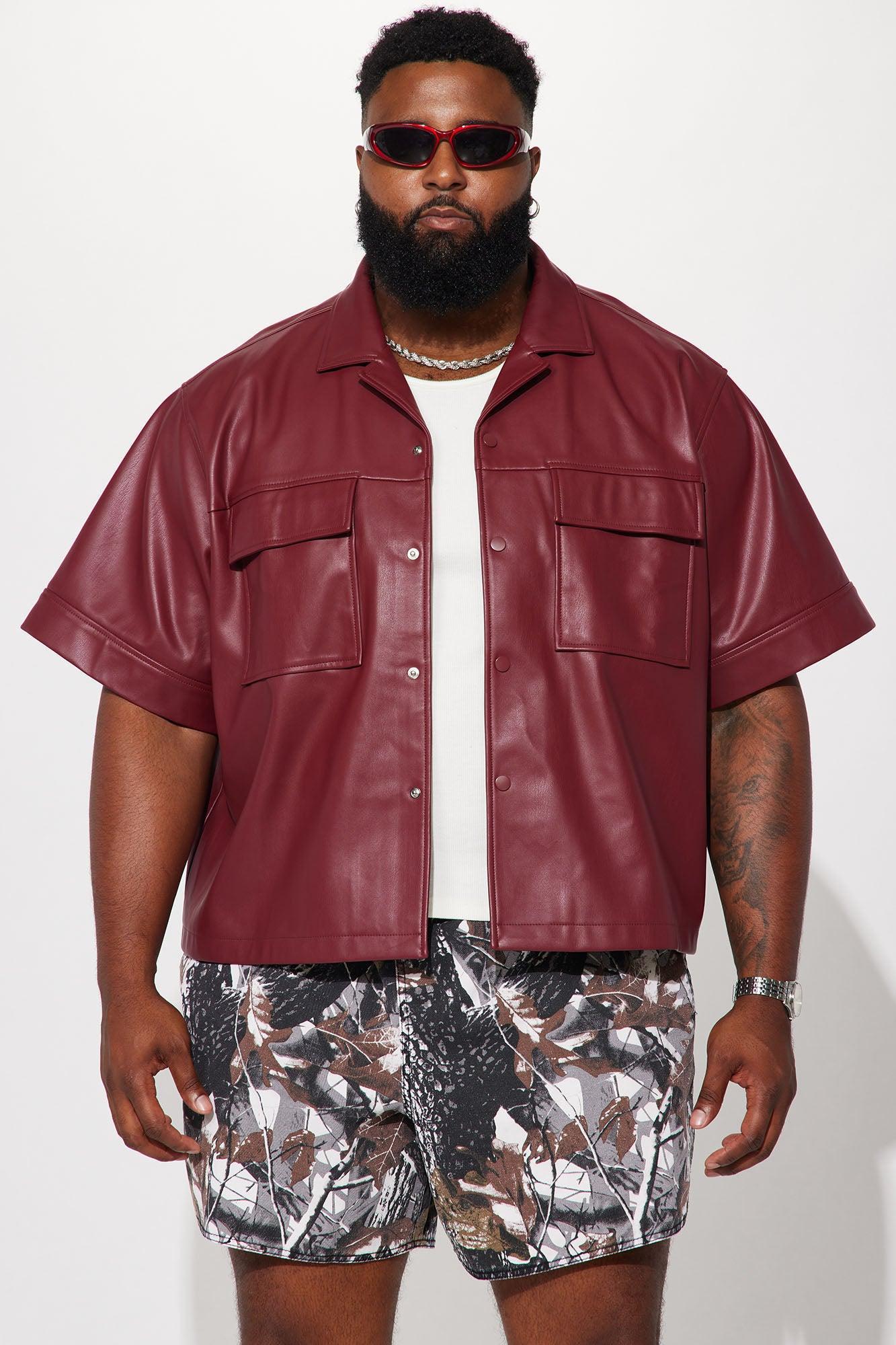 High Stepper Faux Leather Button Up Shirt - Burgundy Product Image