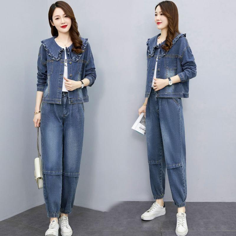 Set: Washed Denim Single-Breasted Jacket + High Rise Cropped Harem Jeans Product Image