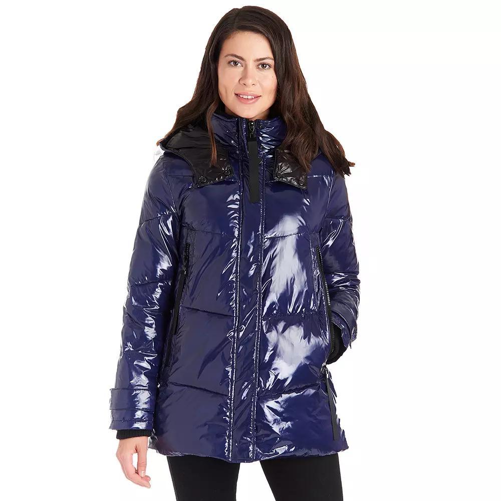 Women's Fleet Street Faux Down Puffer Coat with Fancy Pocket Details, Size: Medium, Blue Product Image