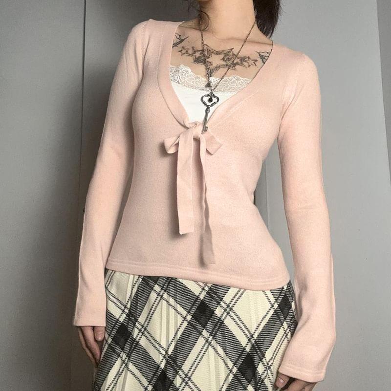 Long Sleeve V-Neck Bowknot Mock Two Piece Crop Top Product Image