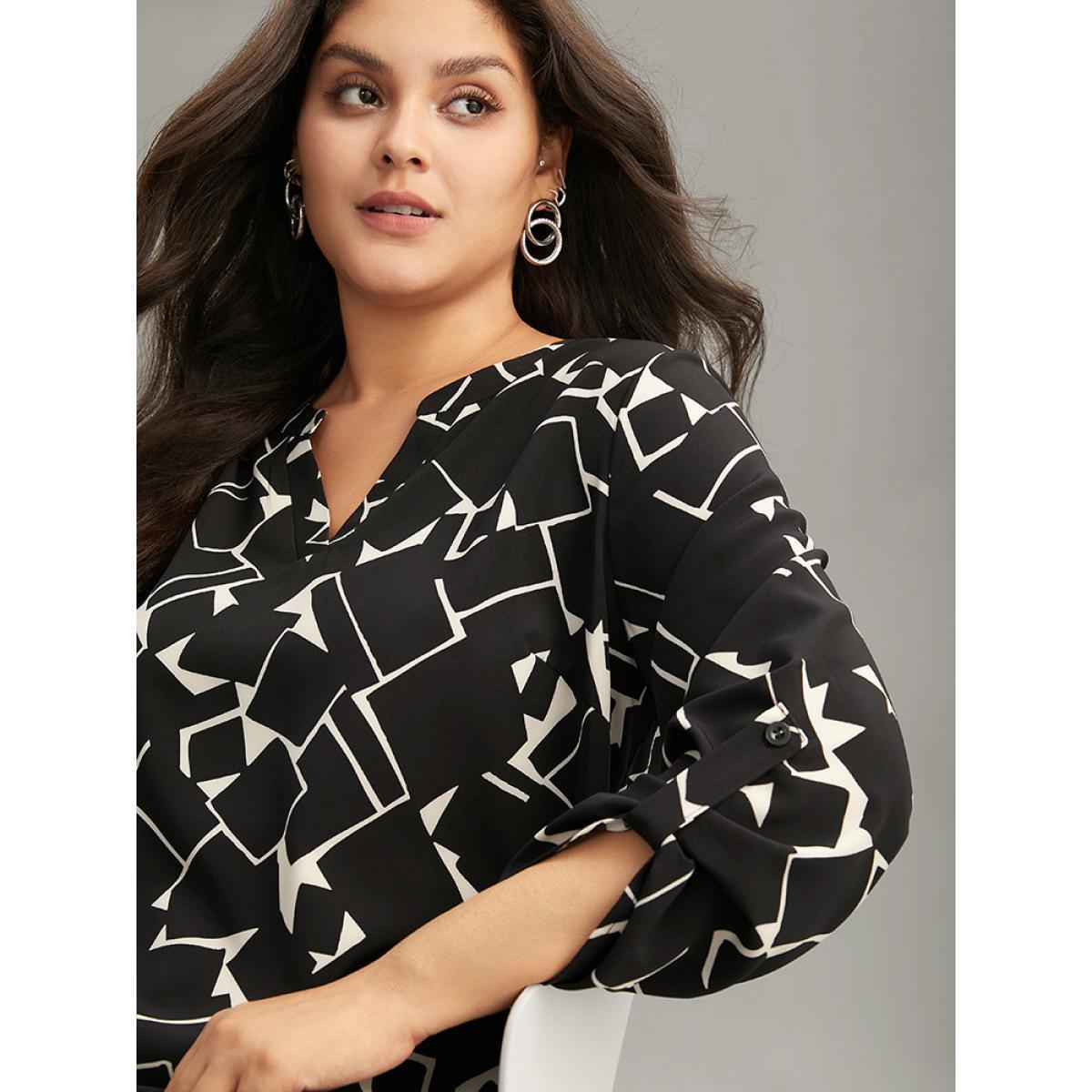 Plus Size Black Geometric Notched Tab Sleeve Blouse Women Office Elbow-length sleeve Notched collar Work Blouses BloomChic 22-24/3X Product Image