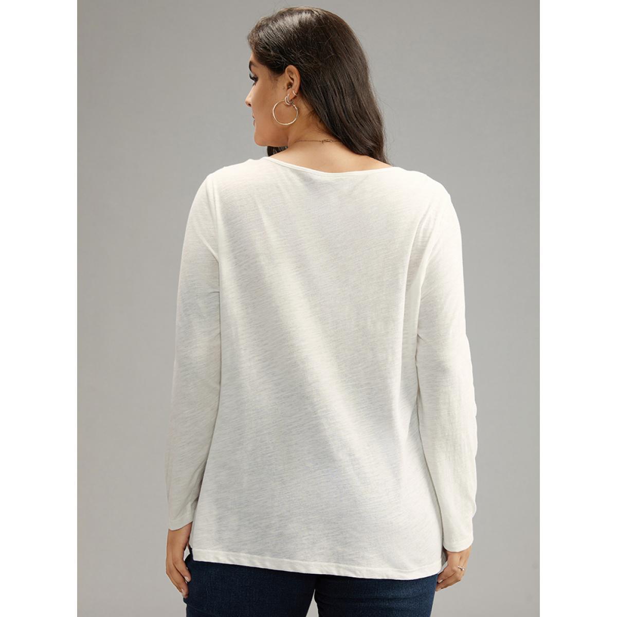 Plus Size Cotton Solid Button Up Crew Neck T-shirt White Women Casual Plain Plain Open Front Dailywear T-shirts BloomChic 14-16/1X Product Image