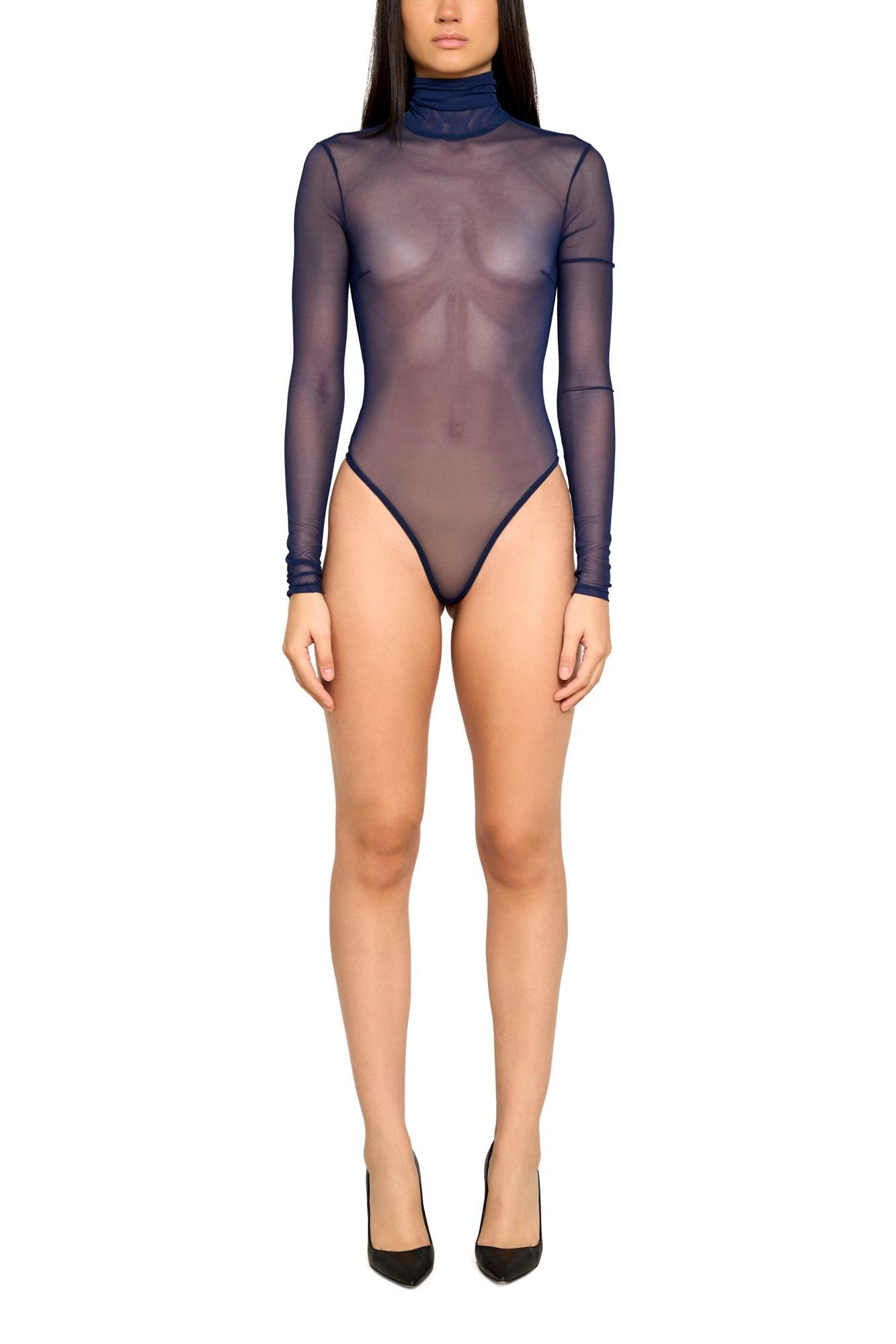 Mock Neck Mesh Bodysuit with Open Back Product Image