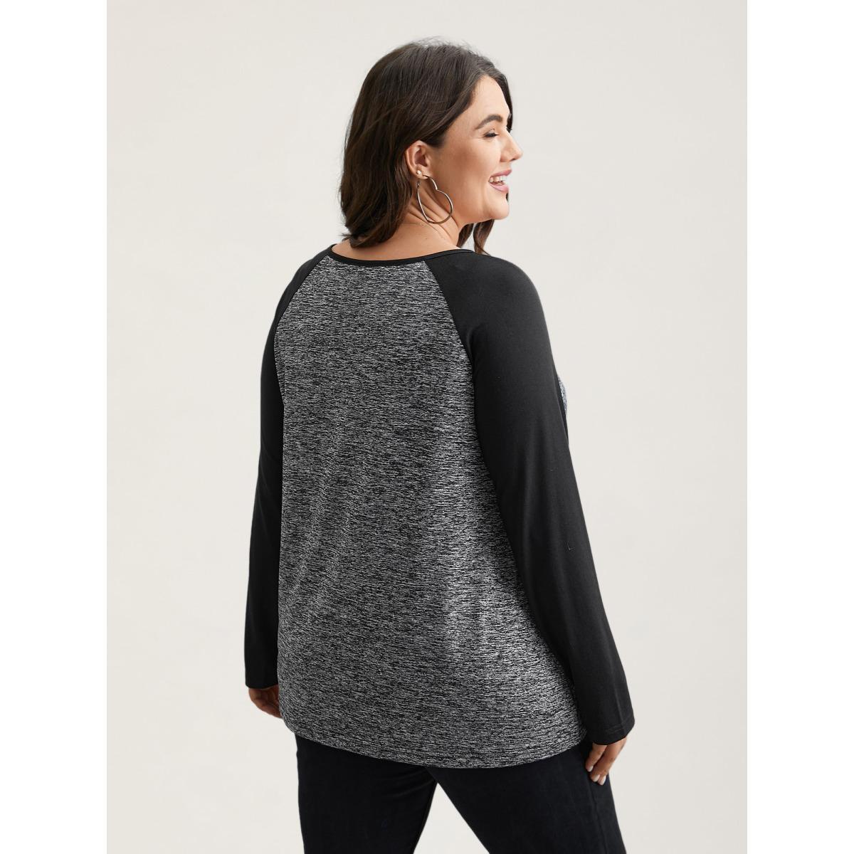 Plus Size Heather Patchwork Button Detail Stretchy T-Shirt DarkGray Women Casual Contrast Flat collar with V-notch Everyday T-shirts BloomChic 22-24/3X Product Image