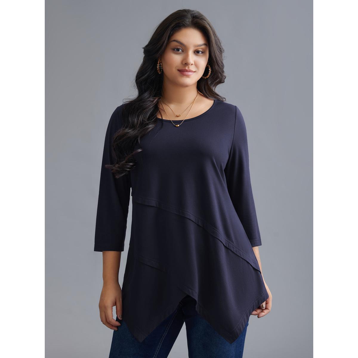 Plus Size Asymmetrical Hem Overlap Long T-shirt Eggplant Women Leisure Tucked seam Round Neck Loose Casual T-shirts BloomChic 14-16/1X Product Image