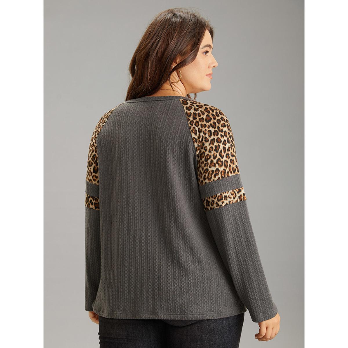 Plus Size Leopard Patchwork Contrast Jacquard T-shirt DimGray Women Casual Contrast Leopard Open Front Dailywear T-shirts BloomChic 10/M Product Image