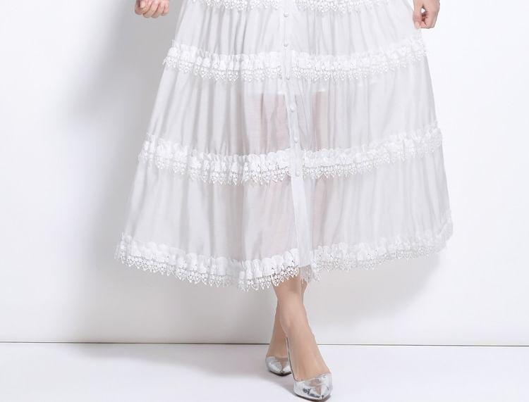 Long Sleeve Band Collar Plain Tiered Button Panel Lace Maxi A-Line Dress Product Image