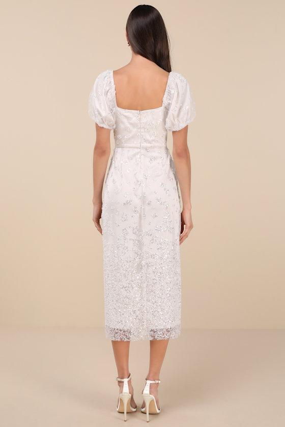 Glorious Poise Ivory Sequin Pearl Puff Sleeve Midi Dress Product Image
