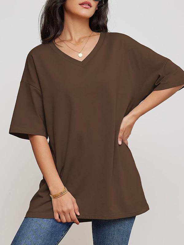 Short Sleeves Solid Color Split-Joint V-Neck T-Shirts Product Image