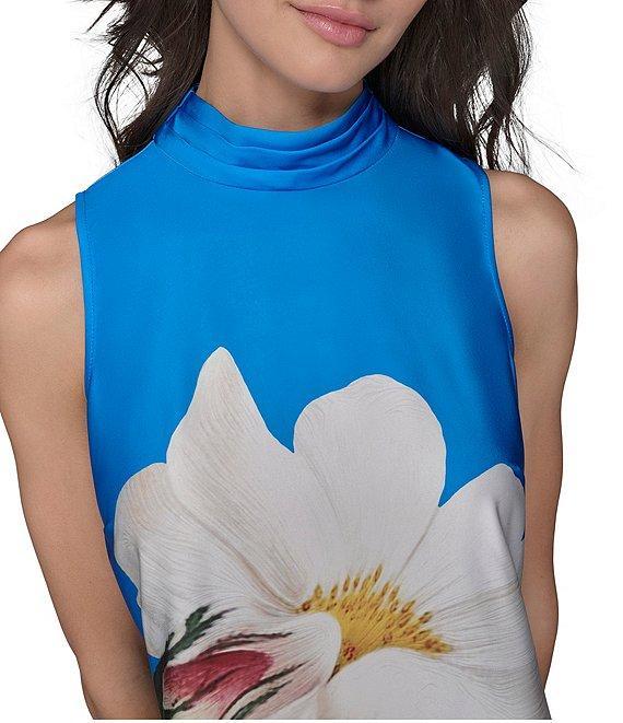 KARL LAGERFELD PARIS Satin Placement Floral Print Mock Neck Sleeveless Shift Midi Dress Product Image