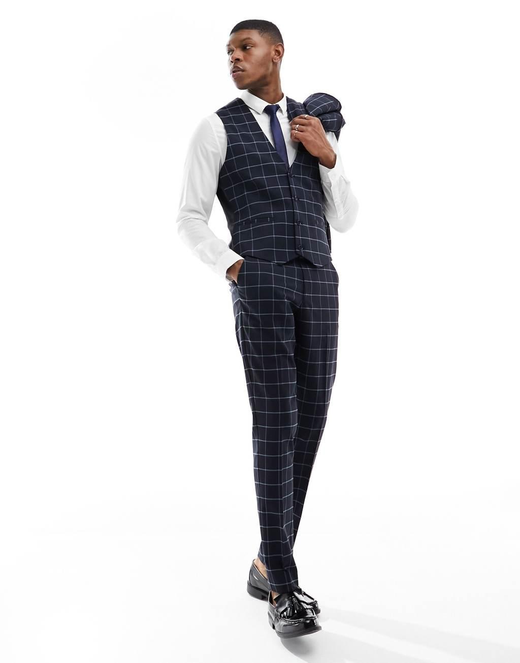 ASOS DESIGN skinny windowpane check suit vest in navy Product Image