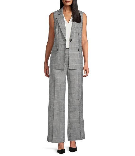 Kasper Plaid Notch Collar Sleeveless Belted Button Front Vest Product Image
