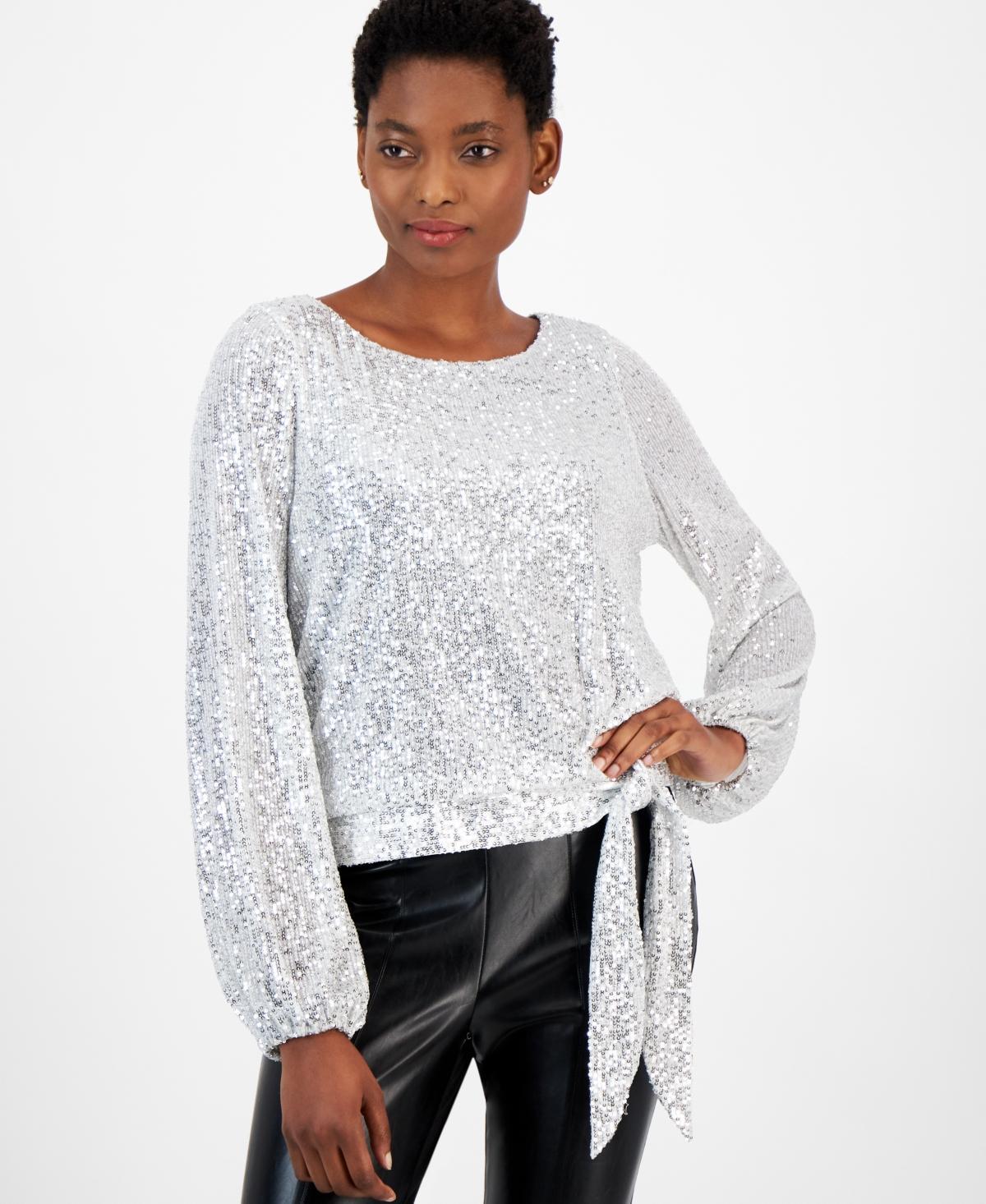 Tahari Asl Womens Sequinned Tie-Hem Blouson-Sleeve Top Product Image