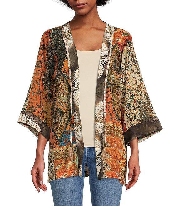 John Mark Mix Print Open Front Multi Color Tassel Detailed 3/4 Sleeve Kimono Statement Jacket Product Image