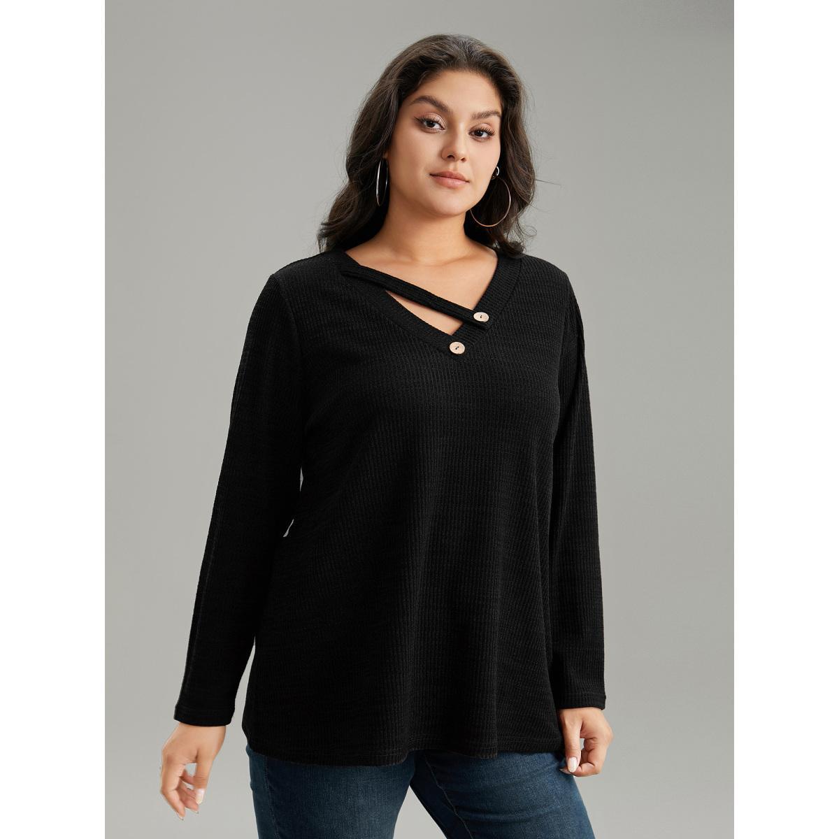 Plus Size Solid Rib Knit Button Detail T-shirt Black Women Leisure Non Plain V-neck Casual T-shirts BloomChic 10/M Product Image