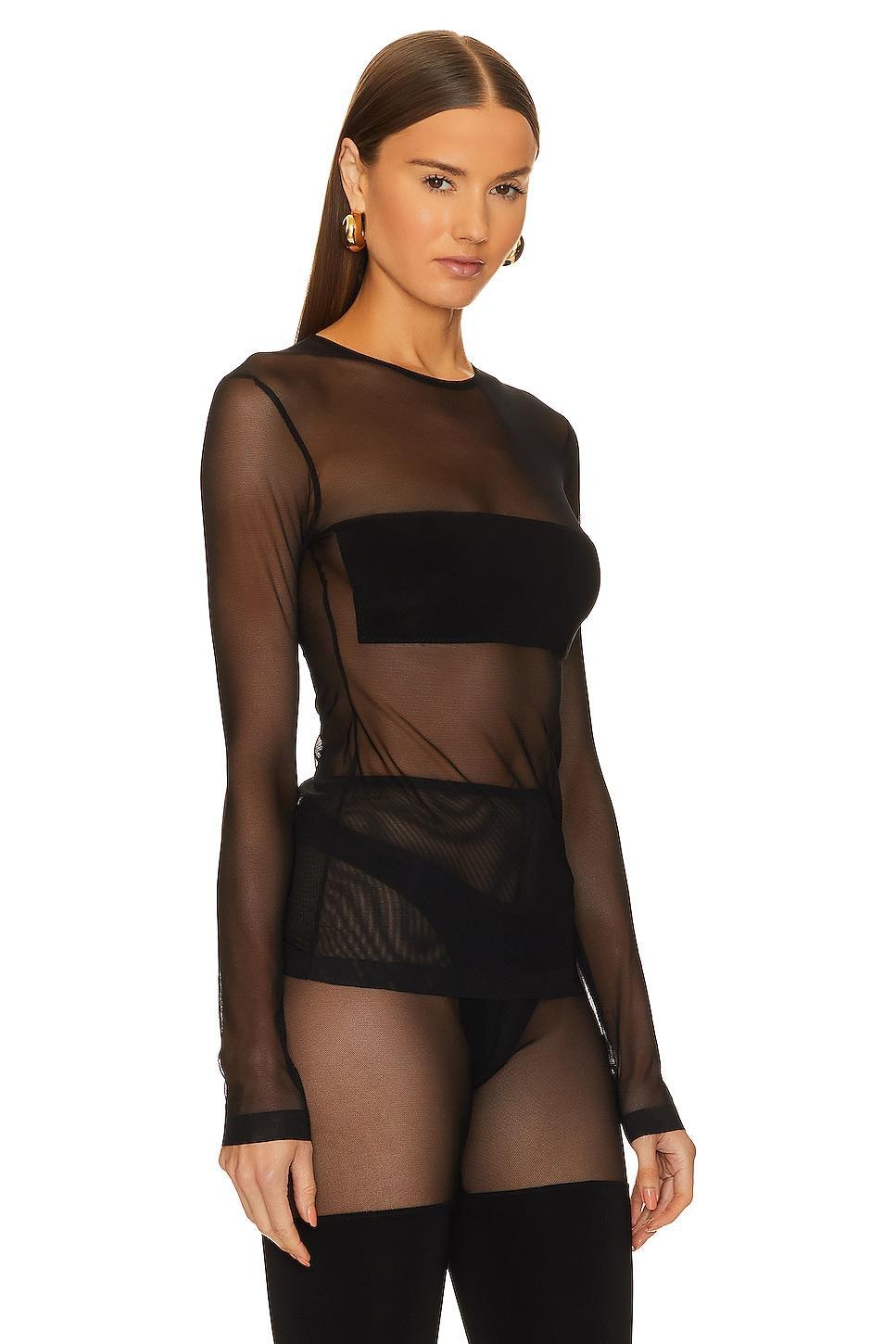 Long Sleeve Crewneck Dash Applique Top in Black & Mesh Norma Kamali Product Image