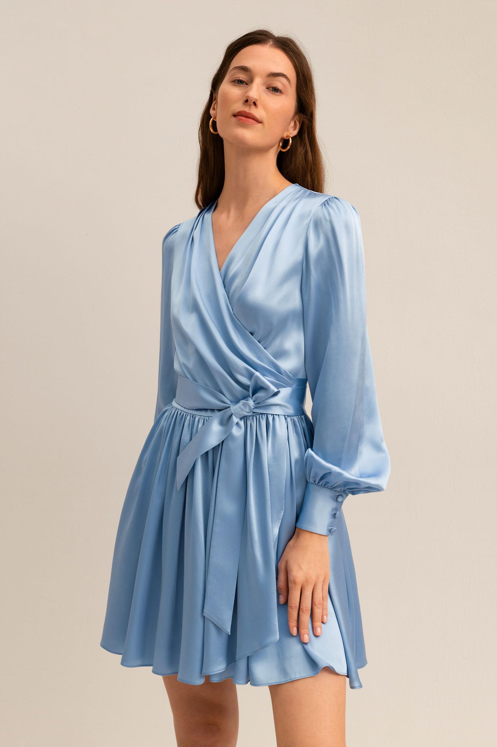 LILYSILK Long Sleeve Silk Dress for Women Navy Blue Pure Silk Glossy Puff Sleeves Skin-Friendly and Breathable S Product Image