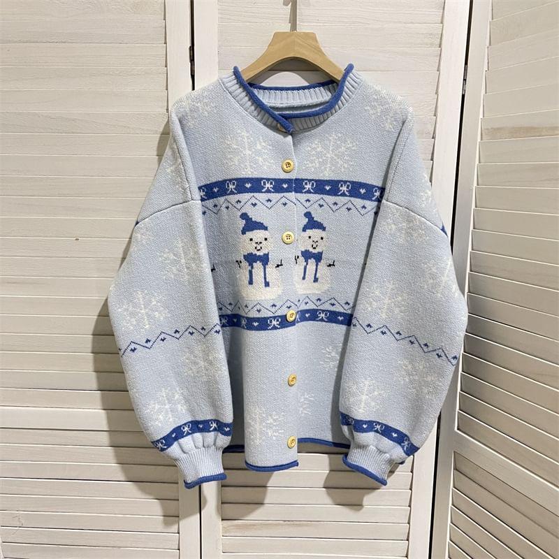 Round Neck Snowman Pattern Button Cardigan Product Image