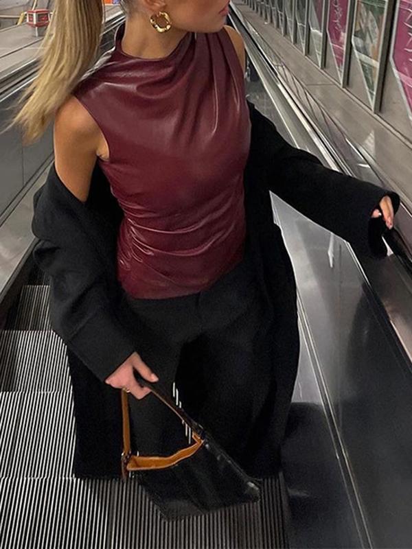 Skinny Sleeveless Asymmetric Pleated Solid Color Mock Neck Vest Top Product Image