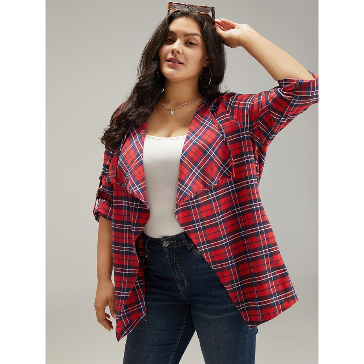 Plus Size Plaid Asymmetrical Hem Tab Sleeve Jacket Women Scarlet Button Dailywear Jackets BloomChic 28/5X Product Image