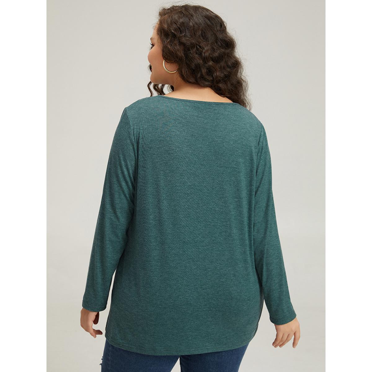 Plus Size Plain Heather Pleated V Neck T-shirt DarkGreen Women Casual Plain Plain V-neck Dailywear T-shirts BloomChic 12/L Product Image
