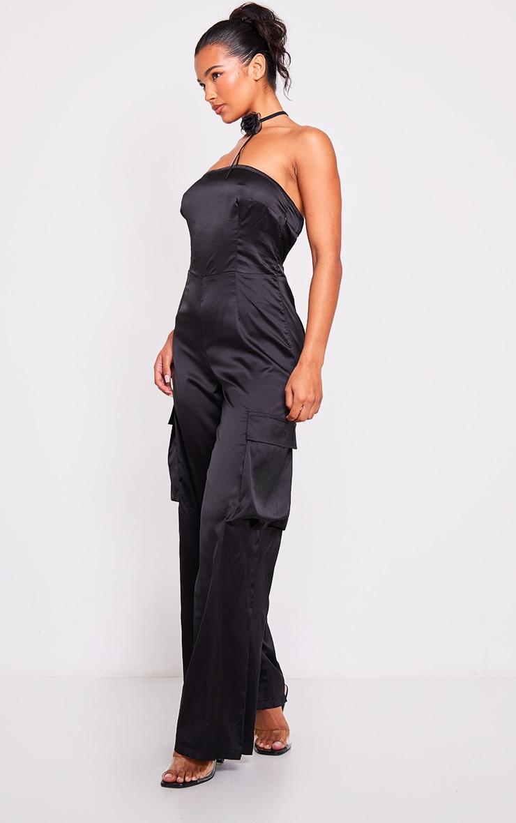 Black Satin Bandeau Cargo Flared Jumpsuit Product Image