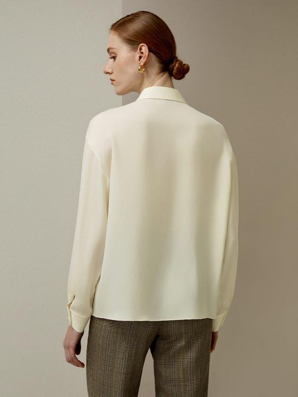 Pleated Point Collar Silk Blouse Product Image
