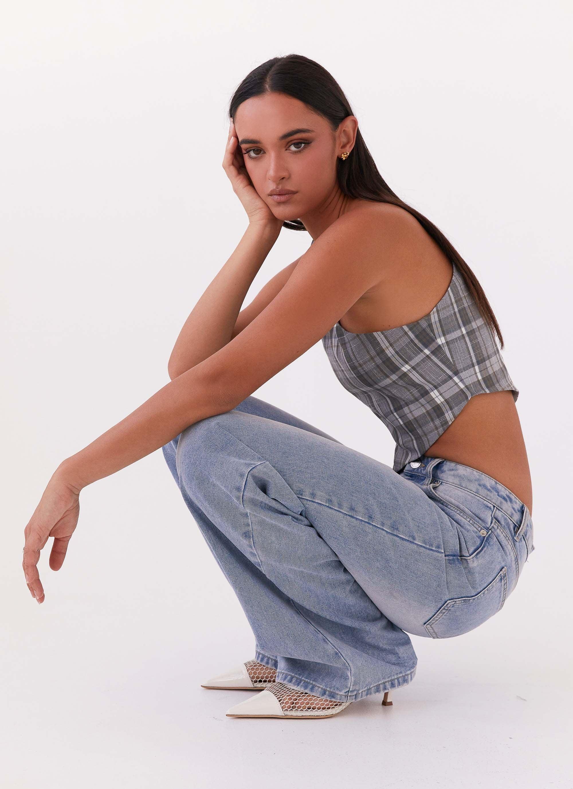 Got Me Started One Shoulder Top - Grey Plaid Product Image