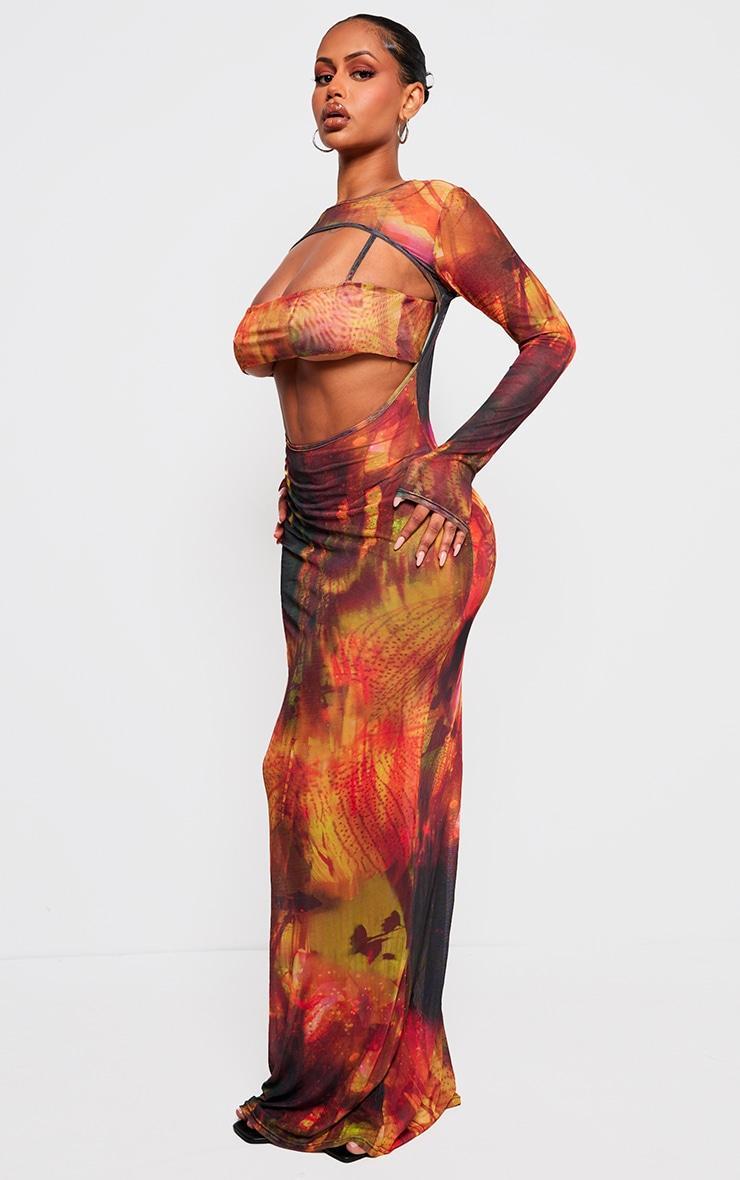 Shape Orange Printed Mesh Open Maxi Dress With Bralet Insert Product Image