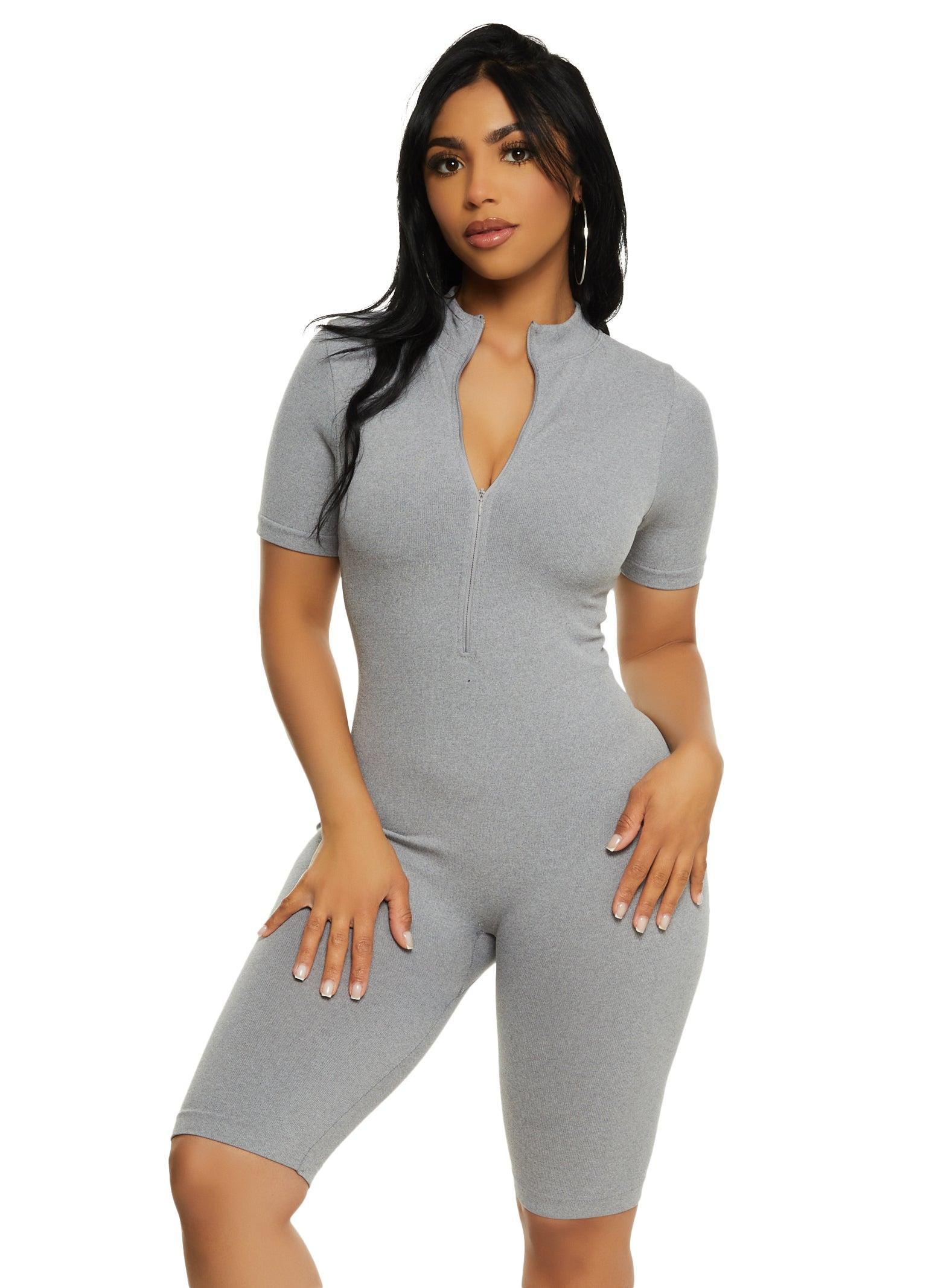 Womens Seamless Ribbed Zip Front Romper Product Image