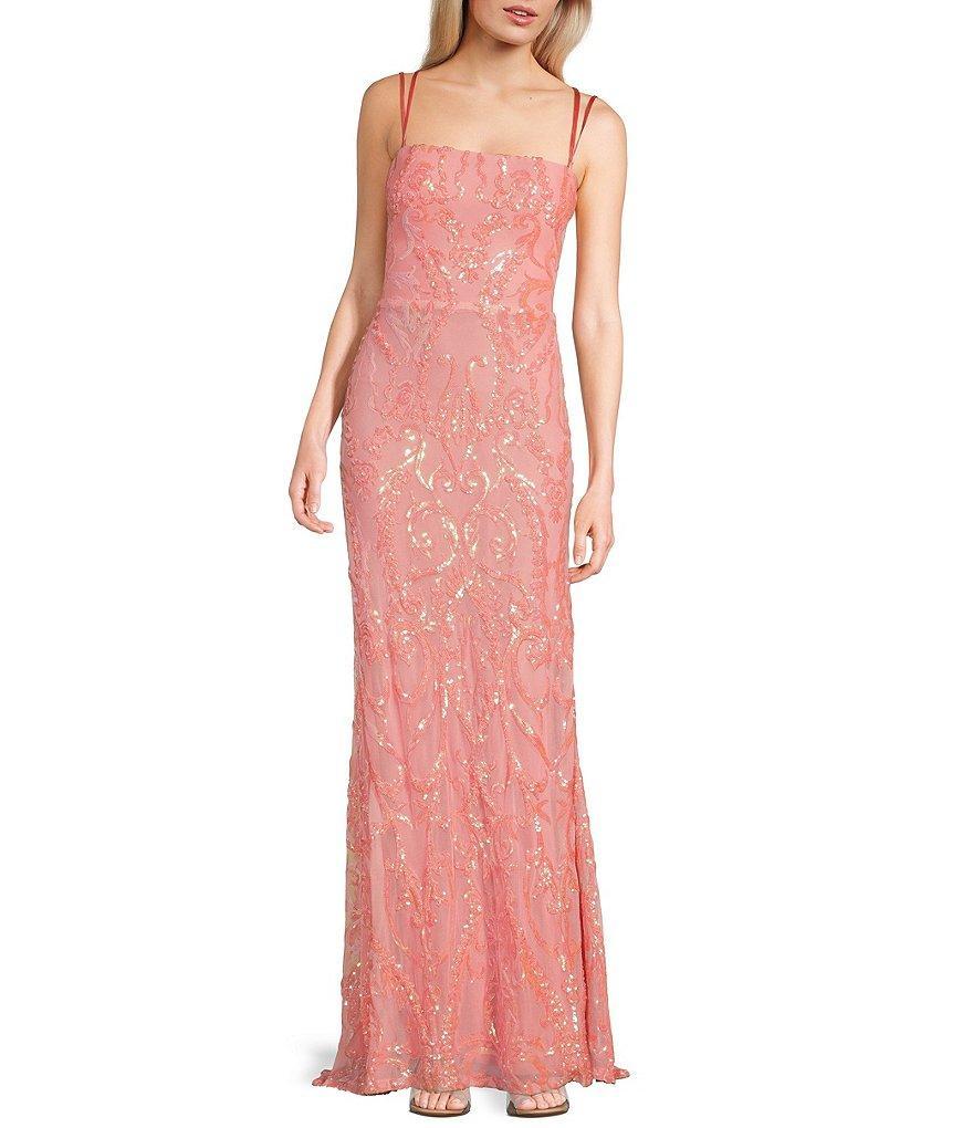 B. Darlin Sequin Patterned Straight Neck Double Spaghetti Strap Lace Up Back Dress Product Image