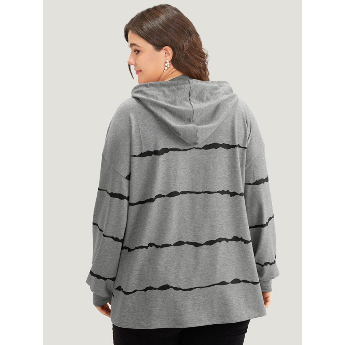 Plus Size Striped Drawstring Hooded Button Up Sweatshirt Women Gray Casual Elastic cuffs Hooded Dailywear Sweatshirts BloomChic 12/L Product Image