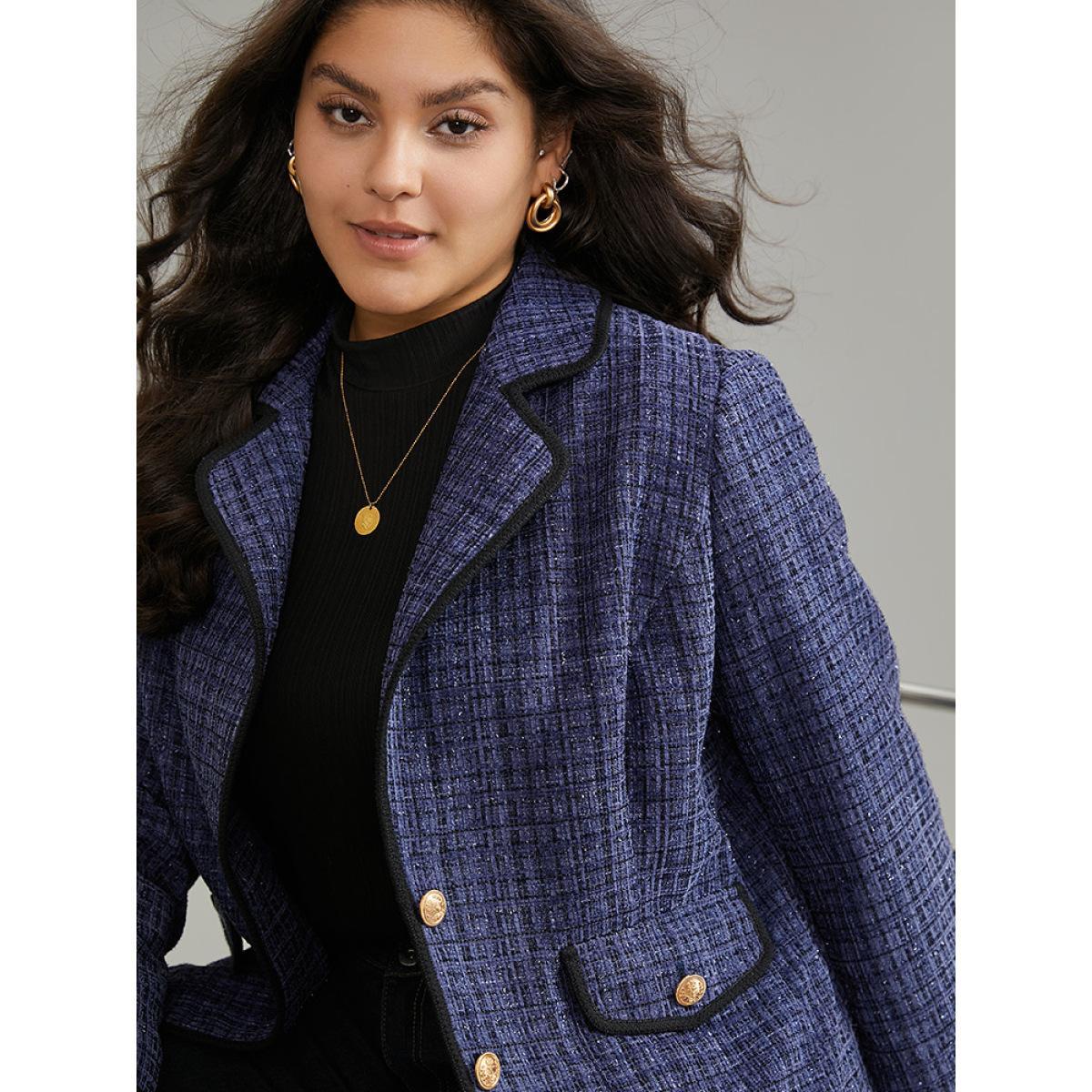 Plus Size Tweed Suit Collar Button Up Flap Pocket Blazer Women Indigo Elegant Lined Ladies Everyday Winter Coats BloomChic 10/M Product Image