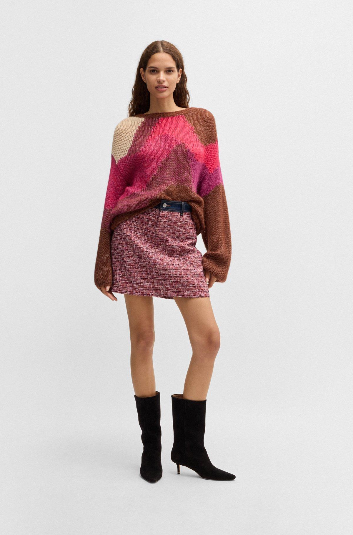 Multicolored-tweed A-line skirt with denim trims Product Image